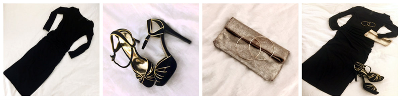 Black body-con dress + heels + sparkly gold clutch and hoops = cocktail party